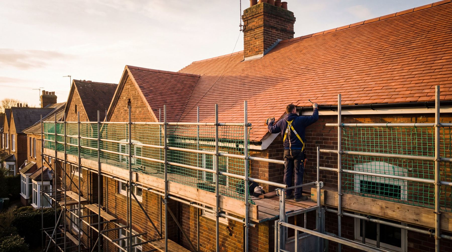 A Roofcraft roofer working from scaffolding on a brand new clay tiled roof at golden hour