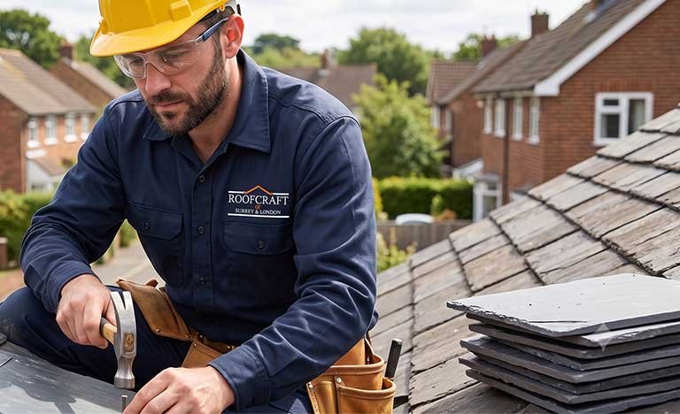 A Roofcraft roofer in branded uniform repairing a slate roof